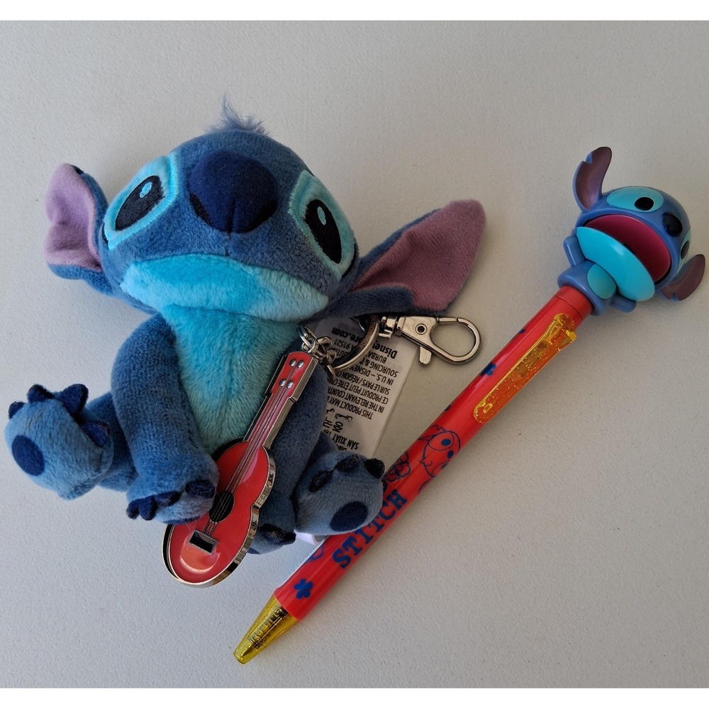 Disney Lilo & Stitch Mini Plush Keychain Ukulele Metal Charm & Action Pen Lot